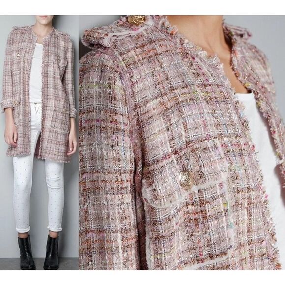 A374 ZARA WOMAN FANTASY TWEED PINK LONG GOLD BUTTONS COAT BLAZER JACKET Large - Picture 1 of 15